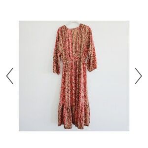 Anthropologie Boemo Coral Pink and Olive Green Floral Print Maxi Dress V-Neck